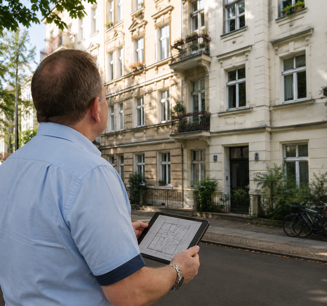 Oliver Preikschat bei der Ankaufsberatung vor einem Berliner Wohngebäude