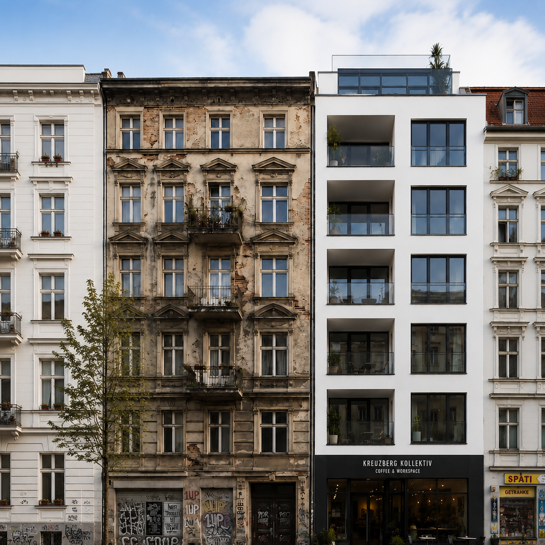 Historischer Berliner Altbau neben einem modernen Wohngebäude